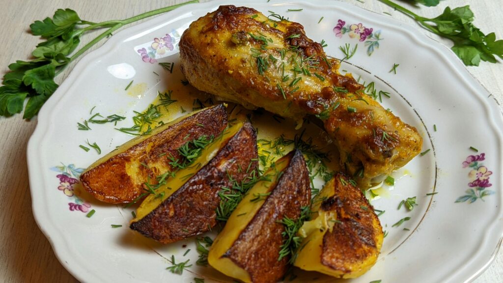 עוף במרינדת דבש וחרדל עם תפוחי אדמה צלויים